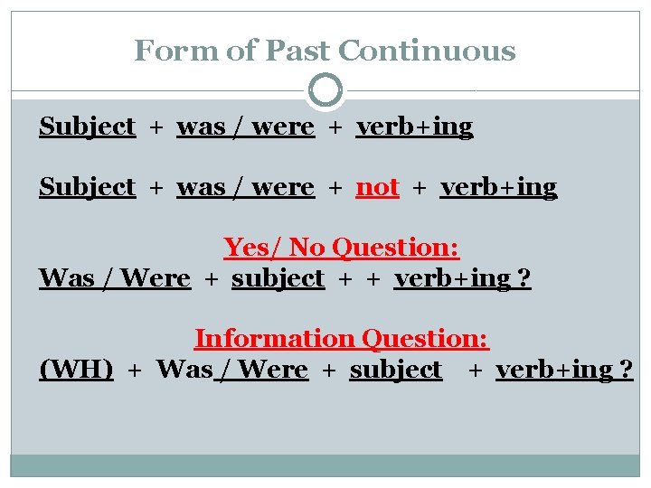 Form of Past Continuous Subject + was / were + verb+ing Subject + was