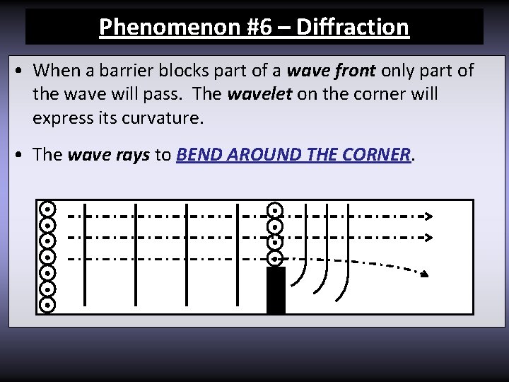 Phenomenon #6 – Diffraction • When a barrier blocks part of a wave front