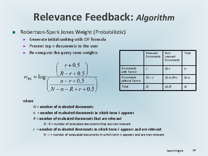 Relevance Feedback: Algorithm n Robertson-Spark Jones Weight (Probabilistic) ► ► ► Generate initial ranking Relevance Feedback: Algorithm n Robertson-Spark Jones Weight (Probabilistic) ► ► ► Generate initial ranking