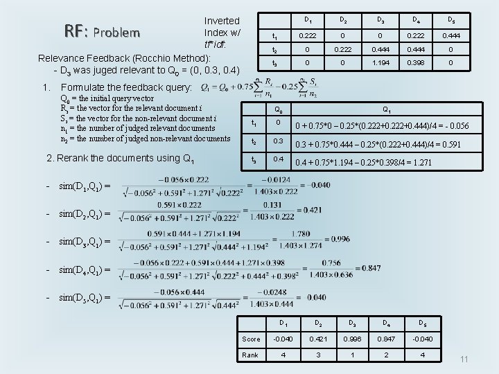 Inverted Index w/ Problem tf*idf: Relevance Feedback (Rocchio Method): - D 3 was juged Inverted Index w/ Problem tf*idf: Relevance Feedback (Rocchio Method): - D 3 was juged