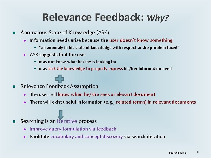 Relevance Feedback: Why? n Anomalous State of Knowledge (ASK) ► Information needs arise because Relevance Feedback: Why? n Anomalous State of Knowledge (ASK) ► Information needs arise because