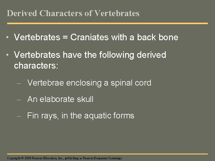 Derived Characters of Vertebrates • Vertebrates = Craniates with a back bone • Vertebrates
