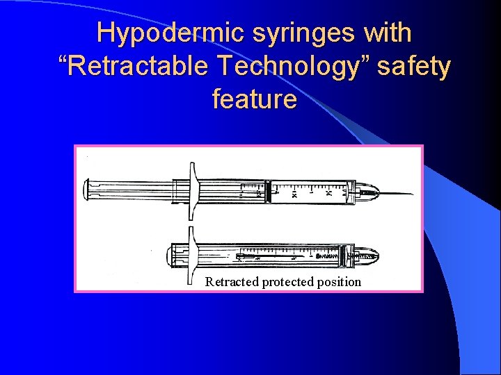 Hypodermic syringes with “Retractable Technology” safety feature Retracted protected position 