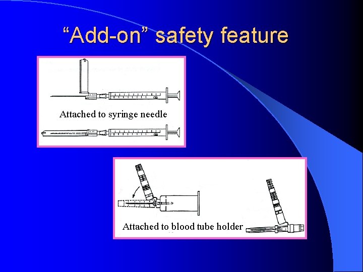 “Add-on” safety feature Attached to syringe needle Attached to blood tube holder 