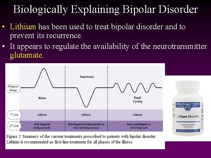 Biologically Explaining Bipolar Disorder • Lithium has been used to treat bipolar disorder and