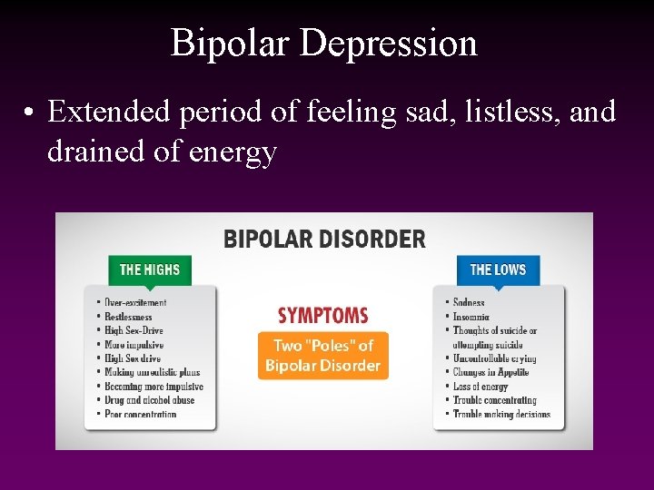 Bipolar Depression • Extended period of feeling sad, listless, and drained of energy 