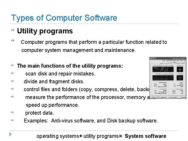 Types of Computer Software Utility programs Computer programs that perform a particular function related