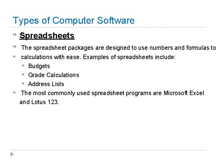 Types of Computer Software Spreadsheets The spreadsheet packages are designed to use numbers and