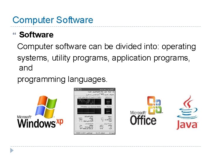 Computer Software Computer software can be divided into: operating systems, utility programs, application programs,