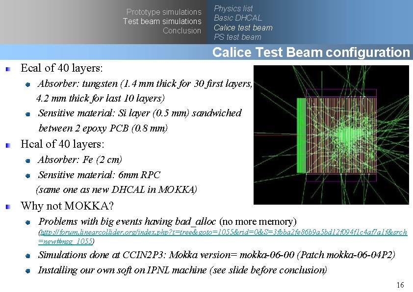 Prototype simulations Test beam simulations Conclusion Physics list Basic DHCAL Calice test beam PS