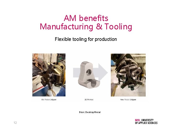 AM benefits Manufacturing & Tooling Flexible tooling for production Bron: Desktop. Metal 12 