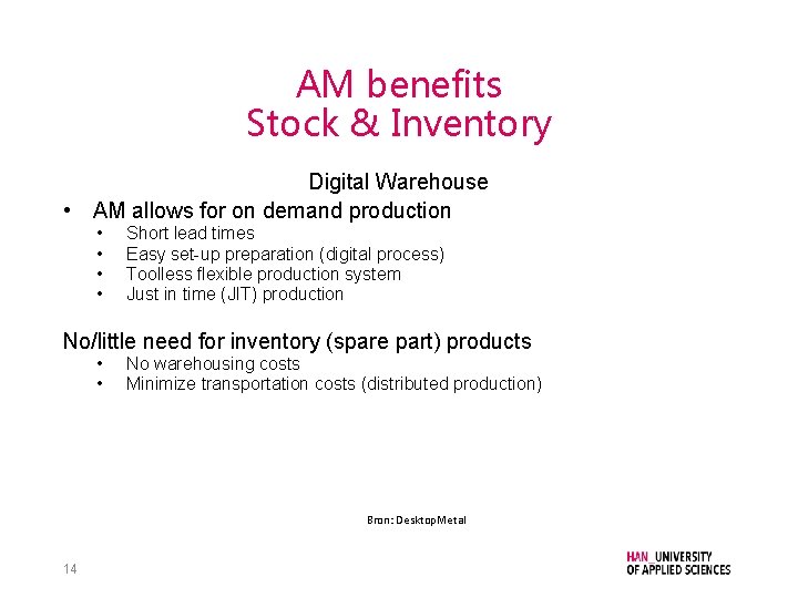 AM benefits Stock & Inventory Digital Warehouse • AM allows for on demand production