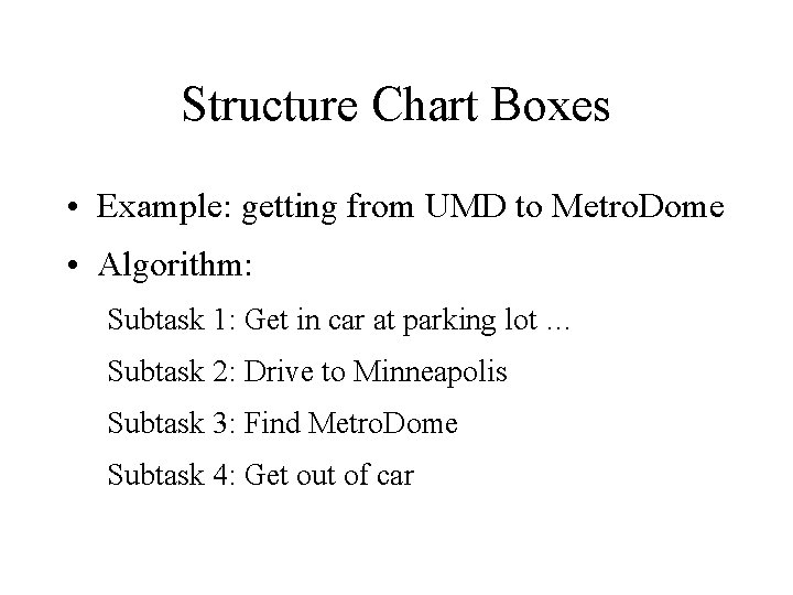 Structure Chart Boxes • Example: getting from UMD to Metro. Dome • Algorithm: Subtask