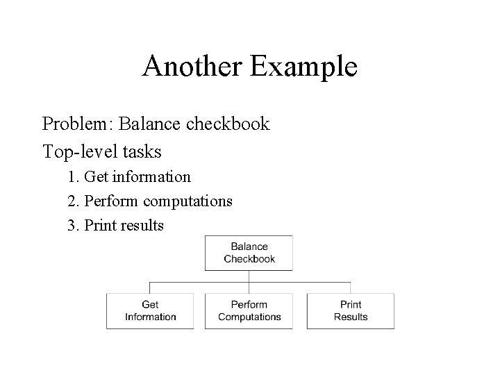 Another Example Problem: Balance checkbook Top-level tasks 1. Get information 2. Perform computations 3.