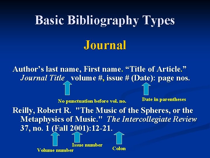 Basic Bibliography Types Journal Author’s last name, First name. “Title of Article. ” Journal