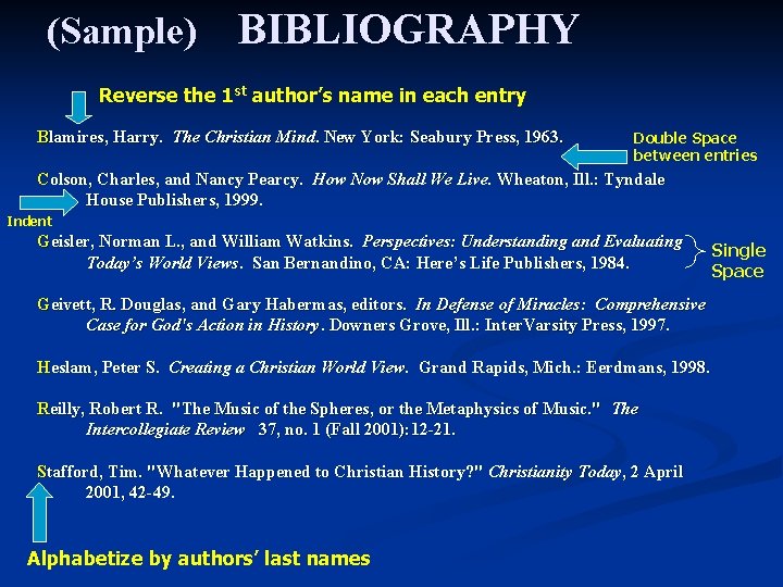 (Sample) BIBLIOGRAPHY Reverse the 1 st author’s name in each entry Blamires, Harry. The