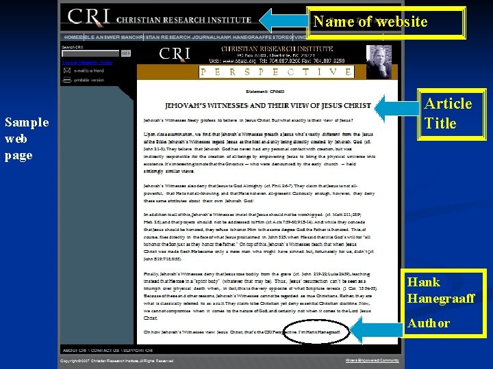 Name of website Sample web page Article Title Hank Hanegraaff Author 