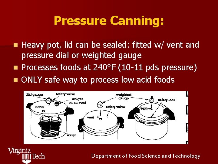 Pressure Canning: n n n Heavy pot, lid can be sealed: fitted w/ vent