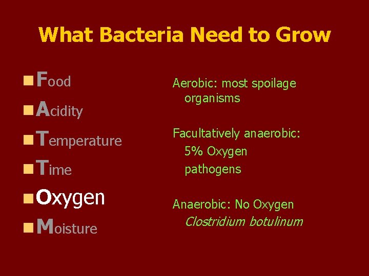 What Bacteria Need to Grow n Food n Acidity n Temperature Aerobic: most spoilage