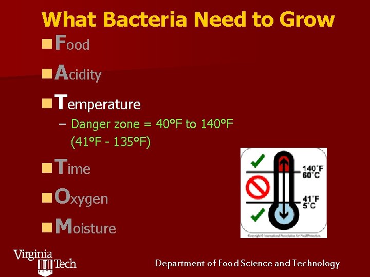 What Bacteria Need to Grow n Food n Acidity n Temperature – Danger zone