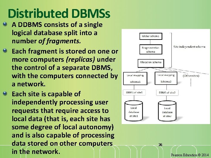 Distributed DBMSs A DDBMS consists of a single logical database split into a number
