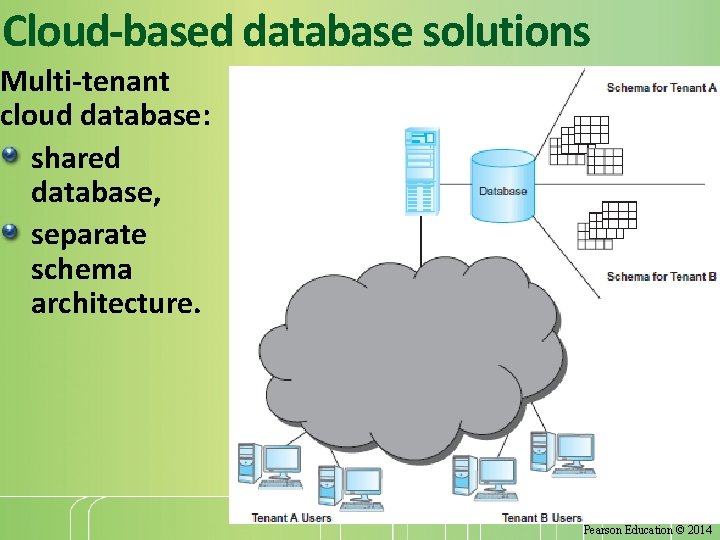 Cloud-based database solutions Multi-tenant cloud database: shared database, separate schema architecture. 47 Pearson Education