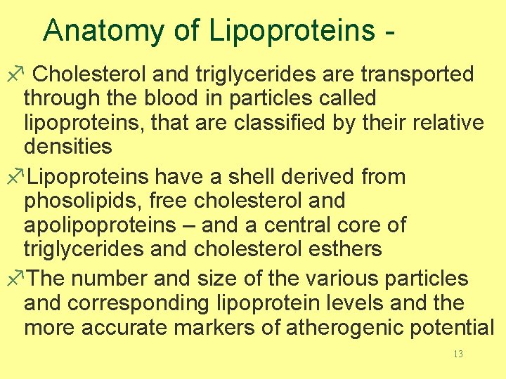 Anatomy of Lipoproteins f Cholesterol and triglycerides are transported through the blood in particles