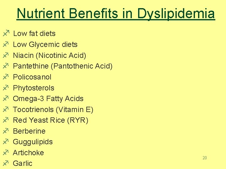 Nutrient Benefits in Dyslipidemia f Low fat diets f f f Low Glycemic diets