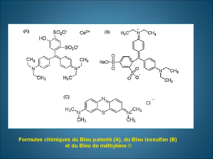 Formules chimiques du Bleu patenté (A), du Bleu isosulfan (B) et du Bleu de