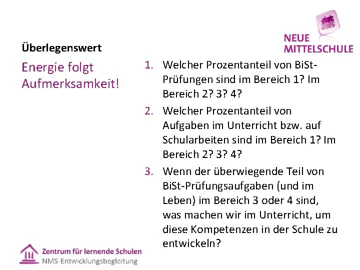 Überlegenswert Energie folgt Aufmerksamkeit! 1. Welcher Prozentanteil von Bi. St. Prüfungen sind im Bereich