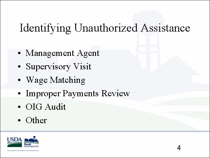 Identifying Unauthorized Assistance • • • Management Agent Supervisory Visit Wage Matching Improper Payments