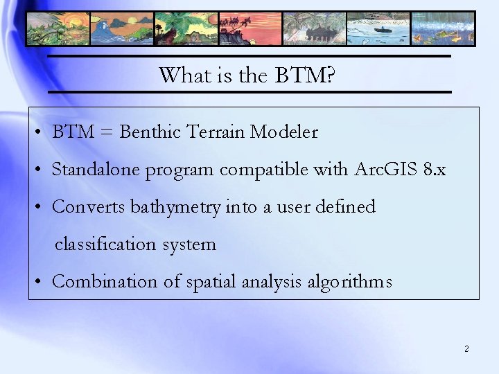 What is the BTM? • BTM = Benthic Terrain Modeler • Standalone program compatible