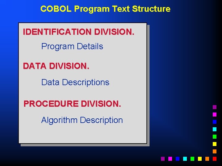 COBOL Program Text Structure IDENTIFICATION DIVISION. Program Details DATA DIVISION. Data Descriptions PROCEDURE DIVISION.