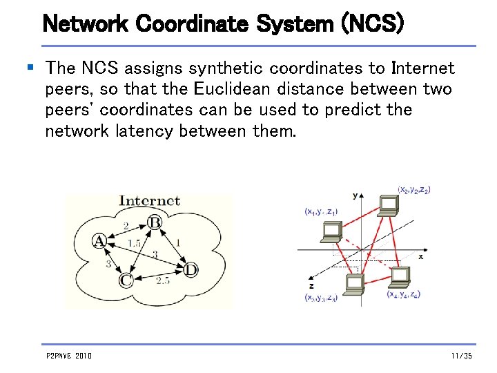 Network Coordinate System (NCS) § The NCS assigns synthetic coordinates to Internet peers, so