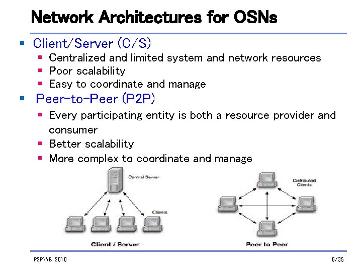 Network Architectures for OSNs § Client/Server (C/S) § Centralized and limited system and network