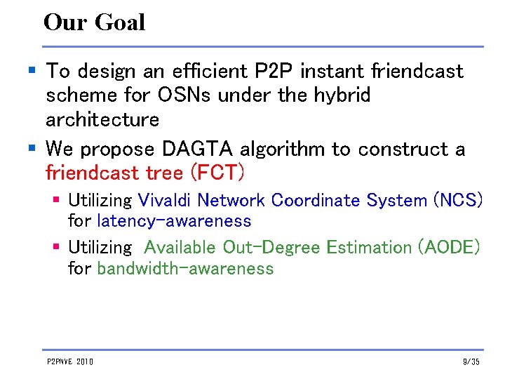 Our Goal § To design an efficient P 2 P instant friendcast scheme for