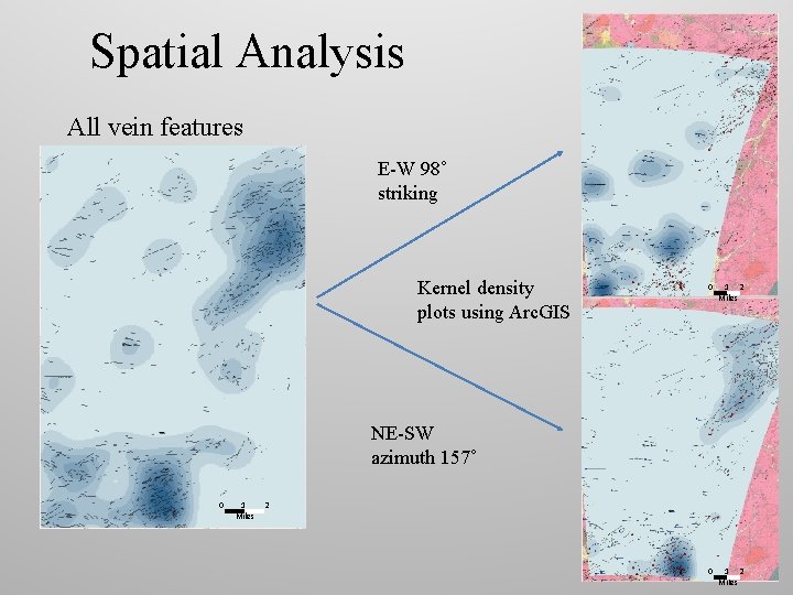 Spatial Analysis All vein features E-W 98˚ striking Kernel density plots using Arc. GIS