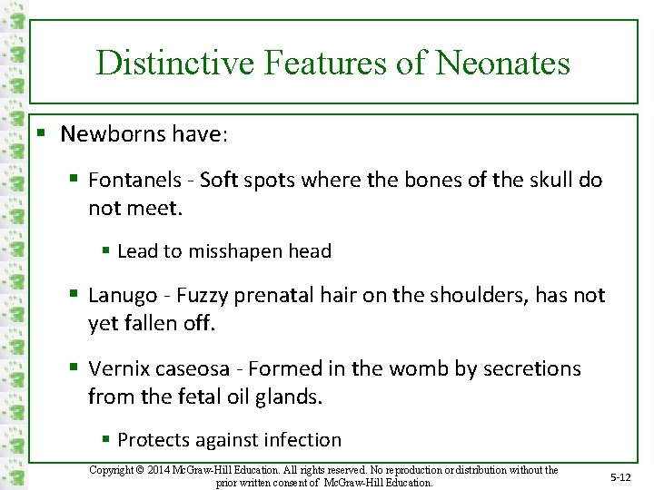 Distinctive Features of Neonates § Newborns have: § Fontanels - Soft spots where the