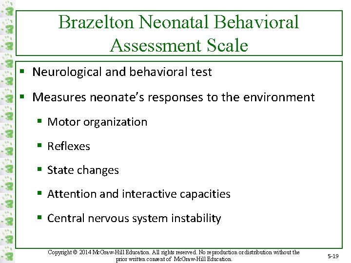 Brazelton Neonatal Behavioral Assessment Scale § Neurological and behavioral test § Measures neonate’s responses