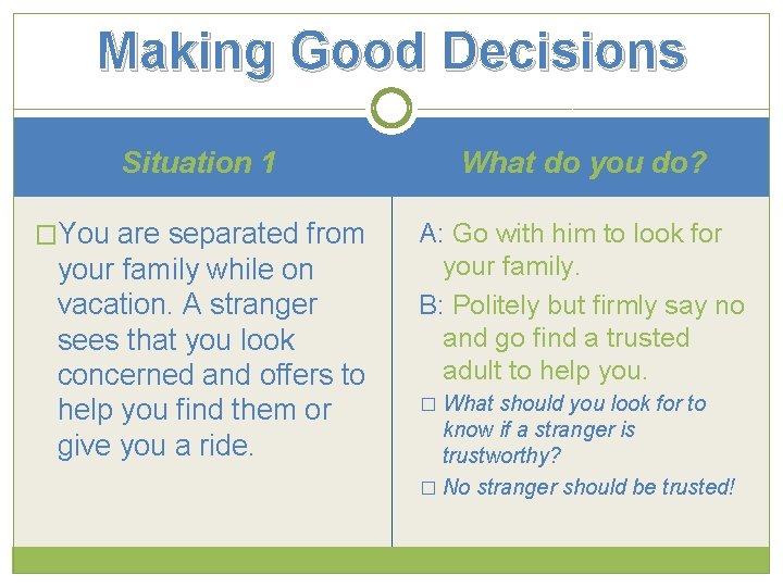 Making Good Decisions Situation 1 What do you do? �You are separated from A: