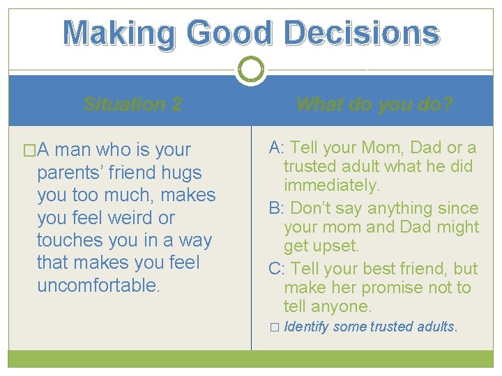 Making Good Decisions Situation 2 �A man who is your parents’ friend hugs you