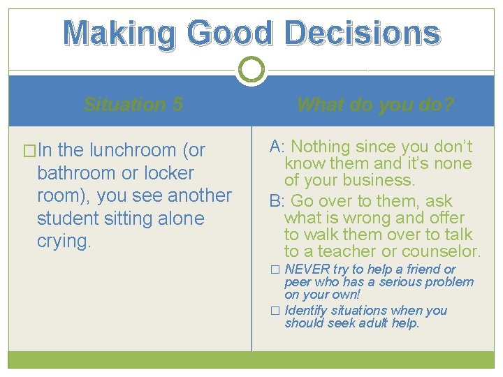 Making Good Decisions Situation 5 �In the lunchroom (or bathroom or locker room), you