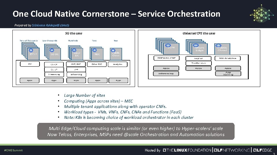 One Cloud Native Cornerstone – Service Orchestration Prepared by Srinivasa Addepalli (Intel) 5 G