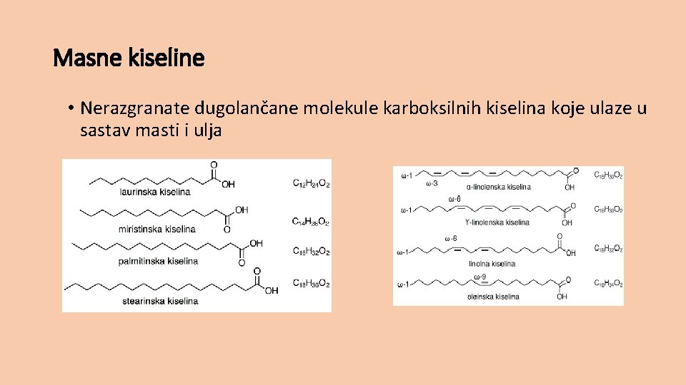 Masne kiseline • Nerazgranate dugolančane molekule karboksilnih kiselina koje ulaze u sastav masti i
