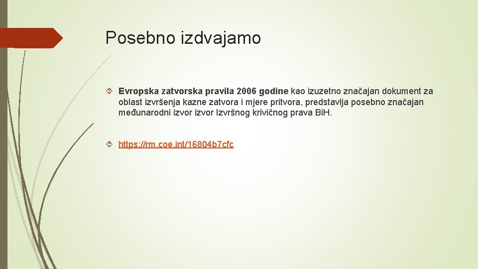 Posebno izdvajamo Evropska zatvorska pravila 2006 godine kao izuzetno značajan dokument za oblast izvršenja