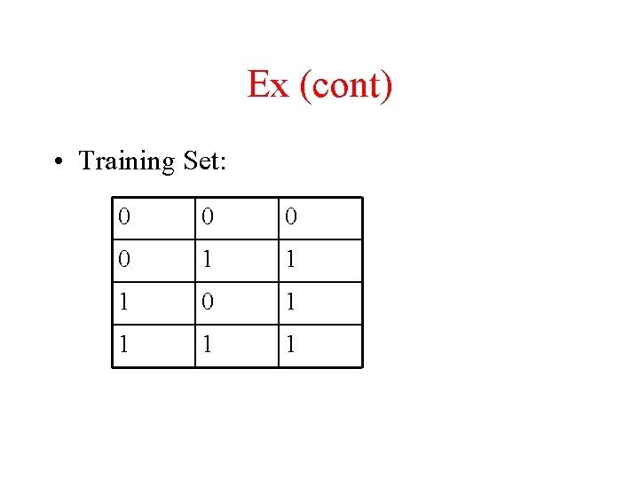 Ex (cont) • Training Set: 0 0 1 1 1 0 1 1 