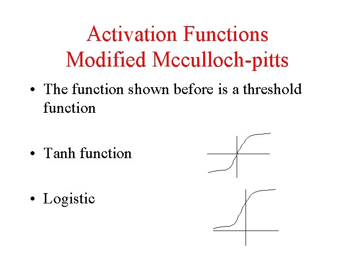 Activation Functions Modified Mcculloch-pitts • The function shown before is a threshold function •