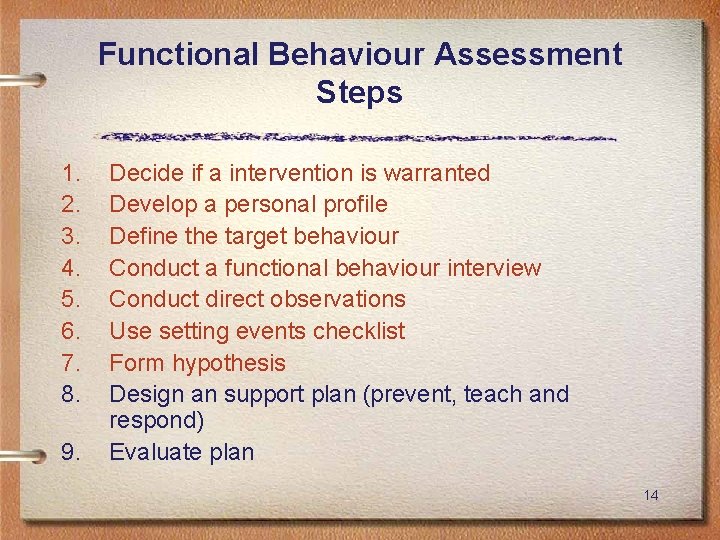 Functional Behaviour Assessment Steps 1. 2. 3. 4. 5. 6. 7. 8. 9. Decide