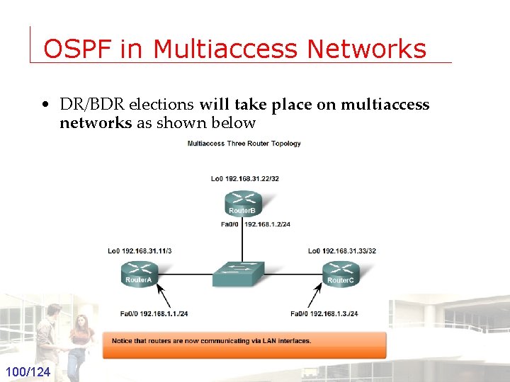 OSPF in Multiaccess Networks • DR/BDR elections will take place on multiaccess networks as