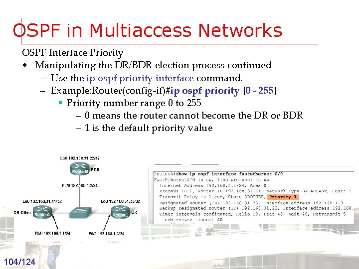 OSPF in Multiaccess Networks OSPF Interface Priority • Manipulating the DR/BDR election process continued